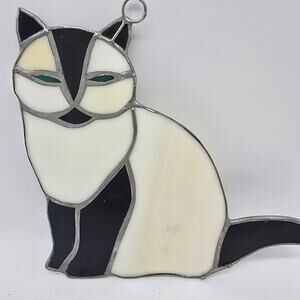 Vintage Handmade Stained Glass White & Black Cat Sun Catcher Cat Lover Cat Lady